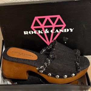 Rock & Candy Black Denim Mules with Wooden Heel